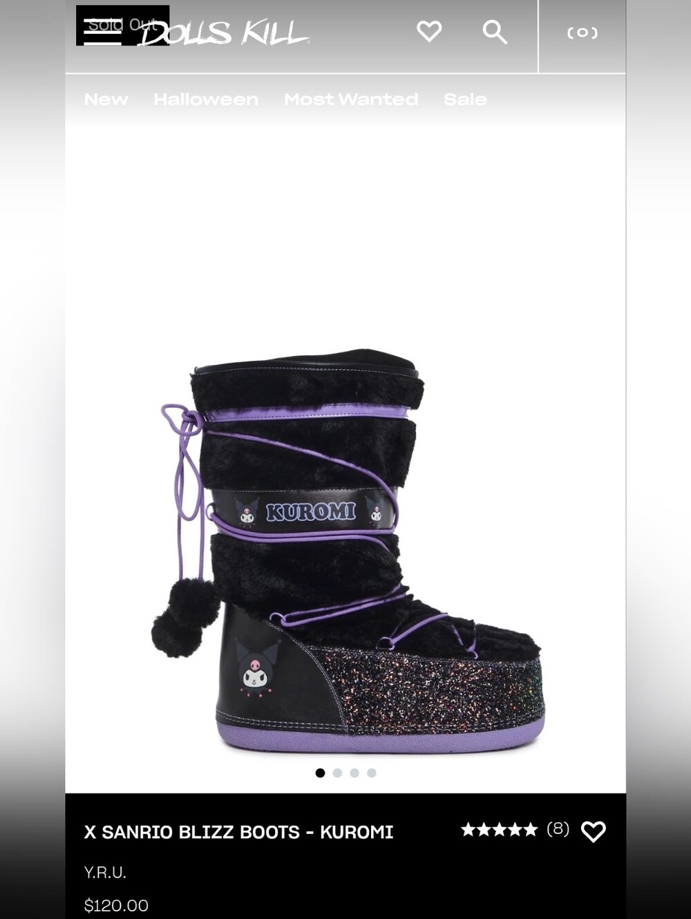 YRU x Sanrio Kuromi Blizz Boots insulated New Sz 8 Furry Removable Liner